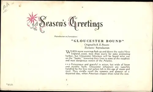 Künstler Ak Powers, R. E., Gloucester Bound, Segelschiffe, Season's Greeting