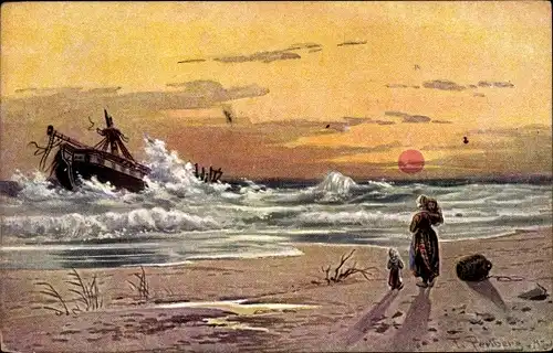 Künstler Ak Perlberg, F., Schiffswrack vor der Küste, Frau, Kinder