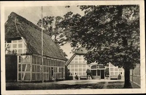 Ak Scheeßel in Niedersachsen, Kunstgewerbehaus, Fachwerkhaus mit Reetdach