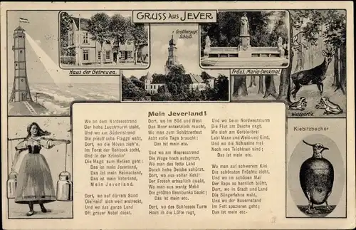 Gedicht Ak Jever in Oldenburg Friesland, Kiebitzbecher, Mein Jeverland, Leuchtturm,Haus der Getreuen