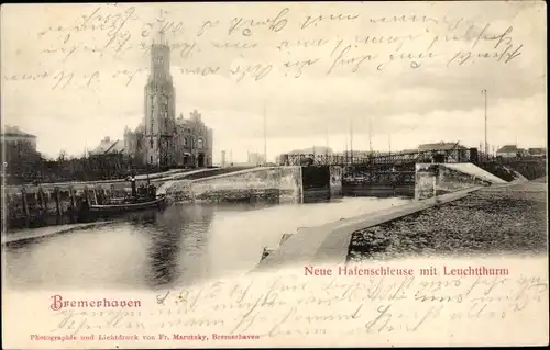 Ak Bremerhaven, Neue Hafenschleuse mit Leuchtturm