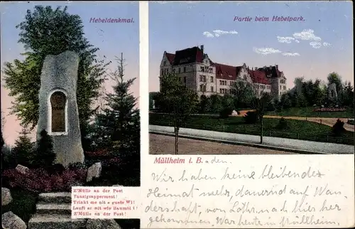 Ak Müllheim in Baden Markgräflerland, Hebeldenkmal, Partie beim Hebelpark