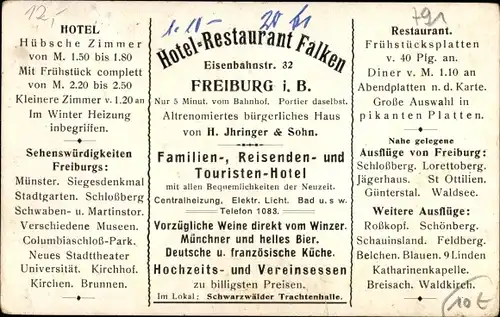 Ak Freiburg im Breisgau, Badische Volkstrachtenhalle, Hotel Falken, Eisenbahnstraße 32, Reklame