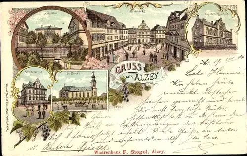 Litho Alzey in Rheinhessen, Haushaltungsschule, Rossmarkt, Seminar, Kirche, Winterschule