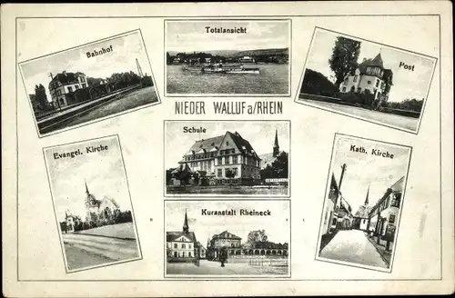 Ak Niederwalluf Walluf am Rhein, Kuranstalt Rheineck, Bahnhof, Gleisseite, Kirchen, Post