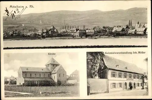 Ak Mittelheim Oestrich Winkel am Rhein Rheingau, Kolonialwarenhandlung, Kirche, Totalansicht