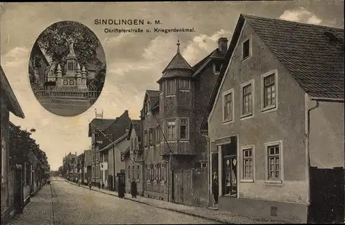 Ak Sindlingen Frankfurt am Main, Okriftelerstraße und Kriegerdenkmal, Handlung