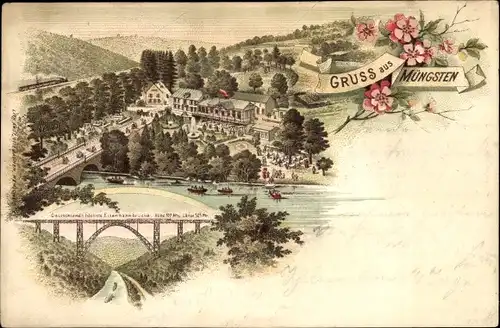 Litho Müngsten an der Wupper Wuppertal, Gasthaus, Eisenbahnbrücke