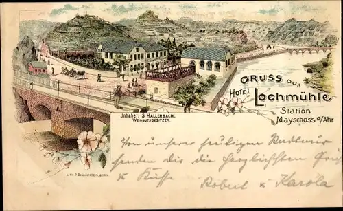 Litho Mayschoß an der Ahr, Hotel Lochmühle, Flusspartie, Brücke