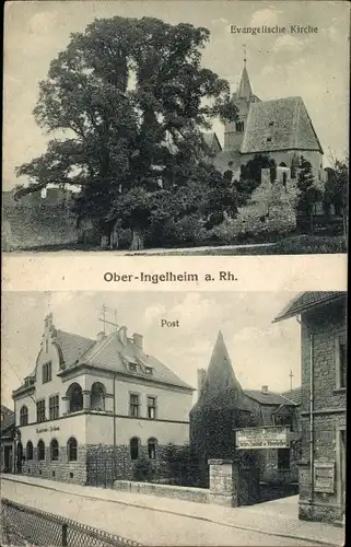 Ak Ober Ingelheim am Rhein, Blick auf Post und Evangelische Kirche