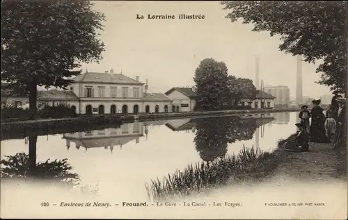 Ak Frouard Meurthe et Moselle, La Gare, Le Canal, Les Forges