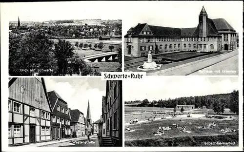 Ak Schwerte an der Ruhr, Totale, Rathaus, Brunnen, Freibad, Westenstraße