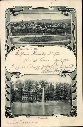 Jugendstil Passepartout Ak Zittau in Sachsen, Gesamtansicht, Weinaupark