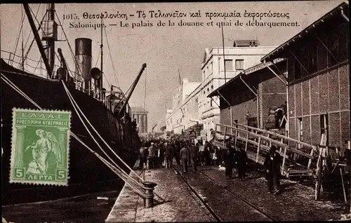 Ak Thessaloniki Griechenland, Palais de la douane, quai de debarquement, Hafen