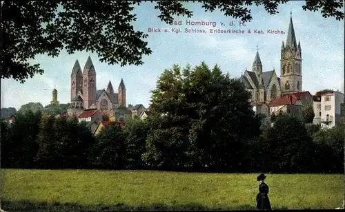 Ak Bad Homburg v. d. H. Hessen, Königl. Schloss, Erlöserkirche, Kath. Kirche, Park