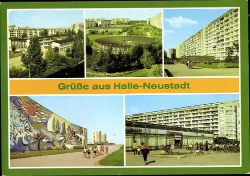 Ak Neustadt Halle an der Saale, POS, Schwimmhalle, Kindergarten Buratin, Wohngebiet, Gastronom