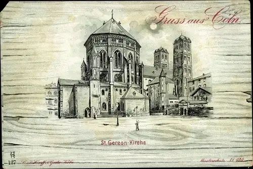 Mondschein Litho Köln am Rhein, St. Gereon-Kirche