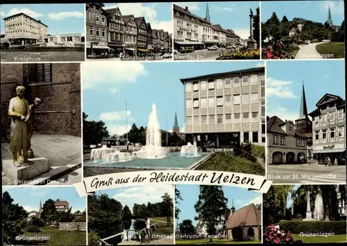 Ak Uelzen in Niedersachsen, Kreishaus, Lüneburgerstr., Grünanlagen, St. Marienkirche, Denkmal