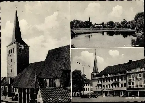 Ak Uelzen in Niedersachsen, An der Ilmenau, St. Marienkirche, Herzogenplatz