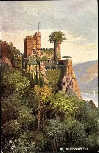 Künstler Ak Trechtinghausen, Blick auf die Burg Rheinstein