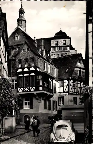 Ak Beilstein an der Mosel, Mittelalterliche Fachwerkhäuser, Burg Café