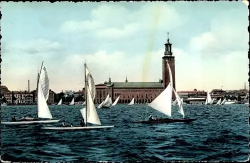 Ak Stockholm Schweden, Stadshuset, Segelboote