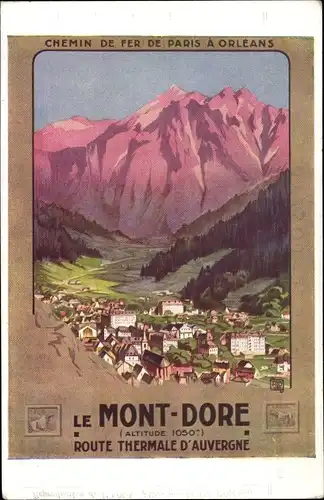 Künstler Ak Le Mont Dore Puy de Dôme, Vue generale, Route Thermale d'Auvergne, Chemin de fer