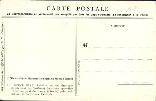 Künstler Ak Le Mont Dore Puy de Dôme, Vue generale, Route Thermale d'Auvergne, Chemin de fer