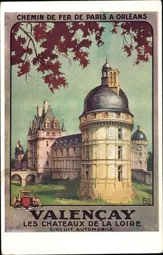 Künstler Ak Valencay Indre, Le Chateau, Chemin de fer de Paris a Orleans, Wappen