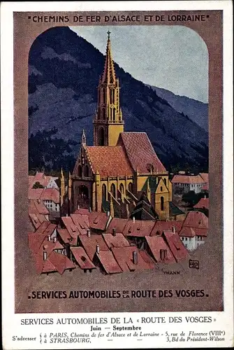 Künstler Ak Thann Elsass Haut Rhin, L'Eglise, Services Automobiles de la Route des Vosges, Werbung