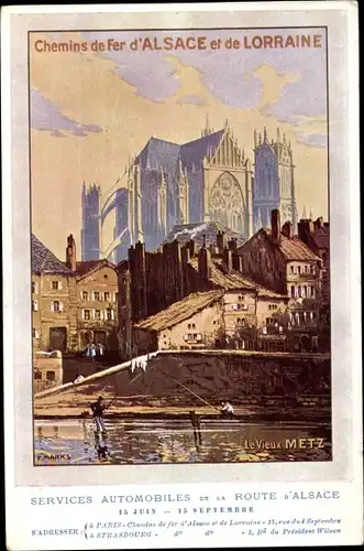 Künstler Ak Marks, F., Metz Moselle, Stadtansicht, Kathedrale, Chemins de Fer d'Alsace