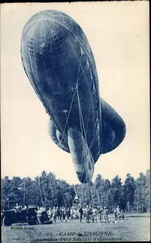 Ak Sissonne Aisne, Camp de Sissonne, Ascension d'une Saucisse d'observation, Militärballon