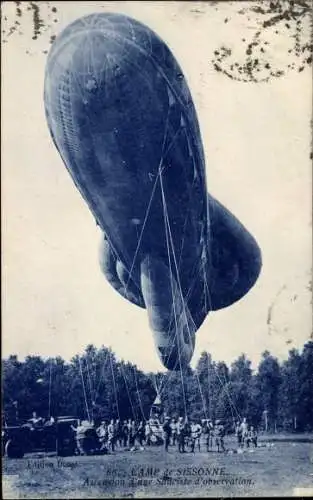 Ak Sissonne Aisne, Camp de Sissonne, Ascension d'une Saucisse d'observation, Militärballon