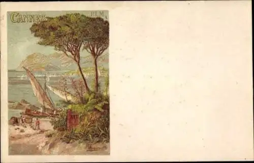 Künstler Ak Hanconville, T., Cannes Alpes Maritimes, Partie am Strand, Segelboote