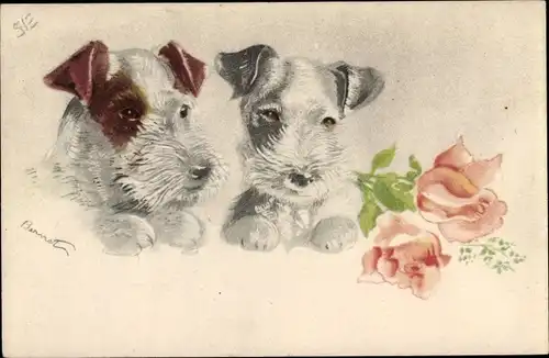 Künstler Ak Zwei Terrier, Hunde, Rosen