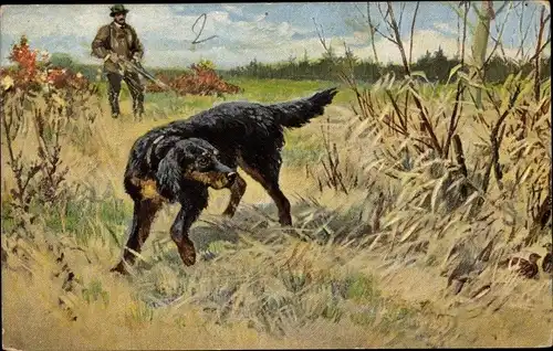 Künstler Ak Jagdhund spürt Vögel auf, Jäger mit Gewehr