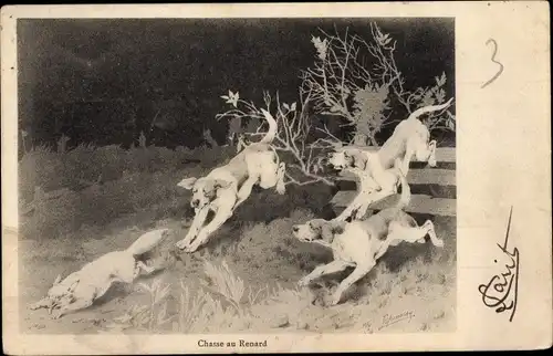 Künstler Ak Chasse au Renard, Fuchsjagd, Jagdhunde