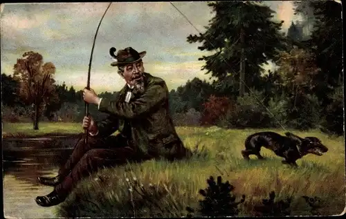 Künstler Ak R., Angler, Dackel an der Angelschnur