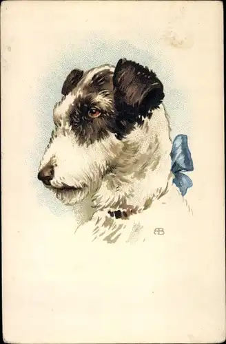 Künstler Ak Terrier, Hundeportrait, blaue Schleife