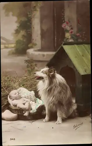 Ak Kleinkind an einer Hundehütte, Hundeportrait