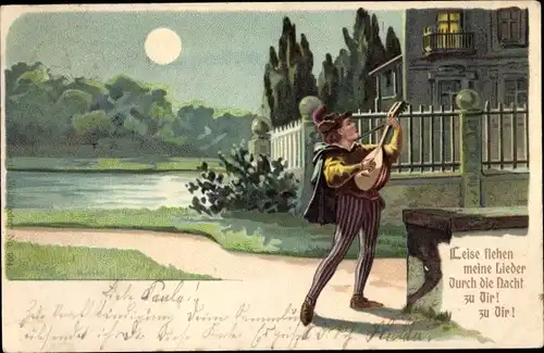 Litho Leise flehen meine Lieder durch die Nacht zu Dir, Sänger mit Laute