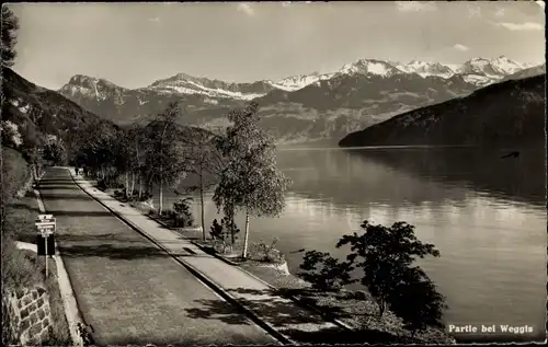 Ak Weggis Kanton Luzern, Straßenpartie mit Blick auf das Gebirge