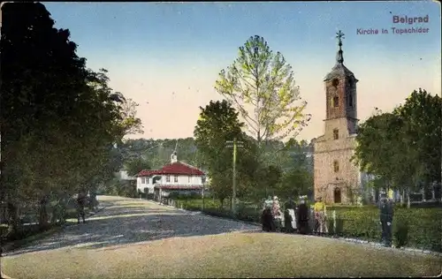 Ak Belgrad Serbien, Kirche in Topschider, Passanten