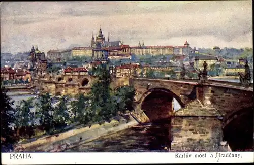 Künstler Ak Praha in Tschechien, Karluv most a Hradcany, Karlsbrücke