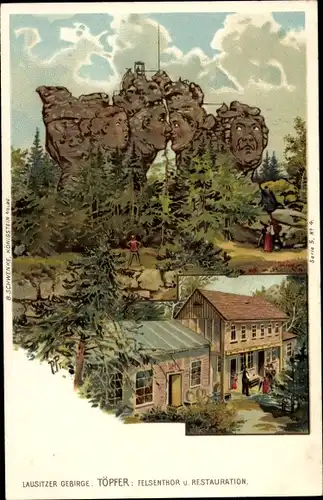 Litho Oybin in der Oberlausitz, Felsentor, Töpfer, Restauration, Töpferbaude