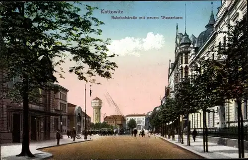 Ak Katowice Kattowitz Oberschlesien, Bahnhofstraße, Neuer Wasserturm