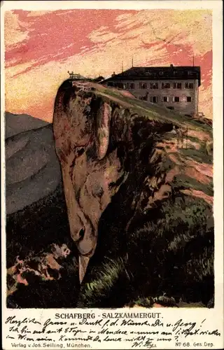 Litho Schafberg im Salzkammergut in Salzburg, Berghotel, Dämmerung