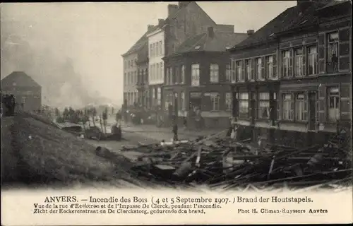 Ak Anvers Antwerpen Flandern, Incendie des Bois 1907, Brand der Houtstapels, Rue d'Eeckeren