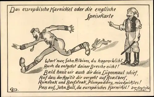 Künstler Ak Das europäische Karnickel oder die englische Speisekarte, Der deutsche Michel, 1. WK