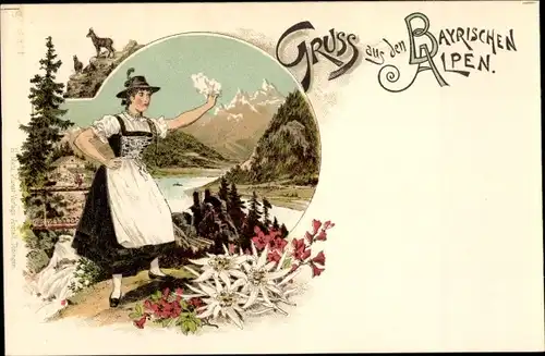 Litho Gruß aus den Bayrischen Alpen, Frau in Tracht, Dirndl, Edelweiß